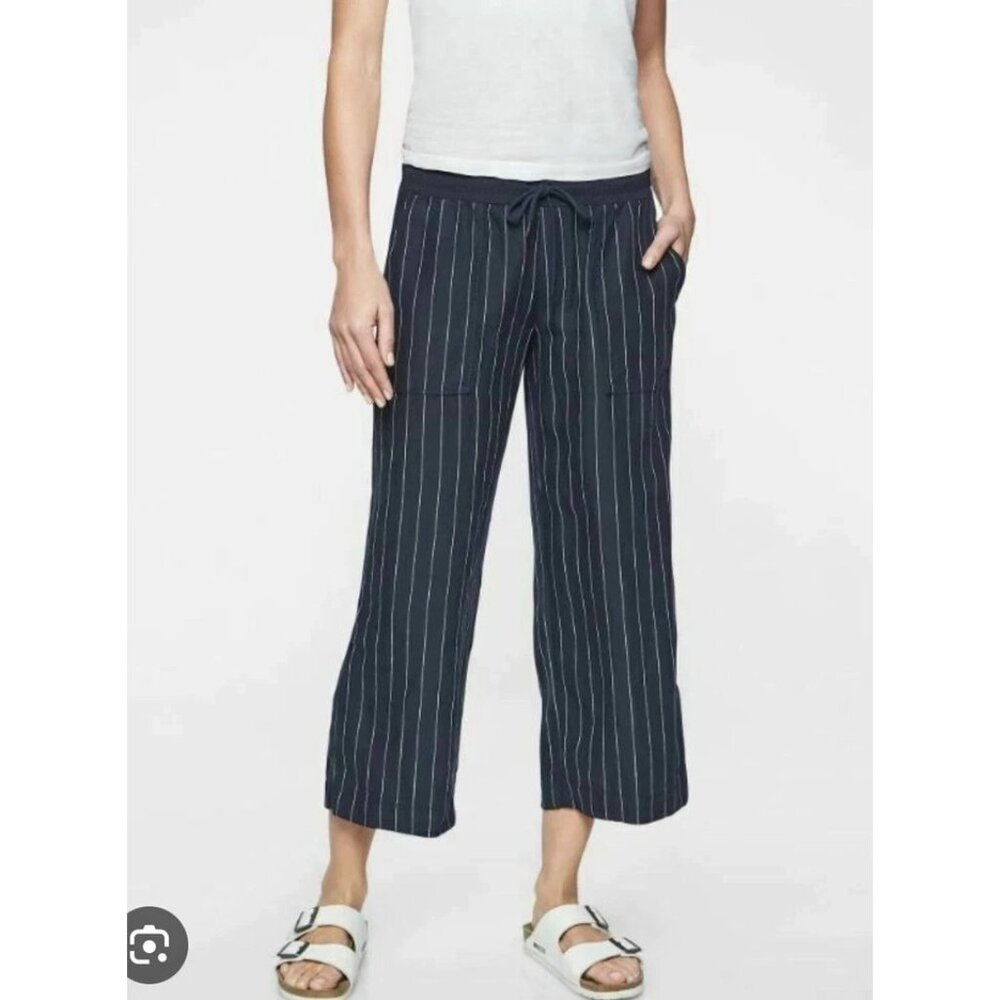 Athleta Stripe Bali Linen Crop Dark Blue Pinstripe Wide Leg Pants Sz 14